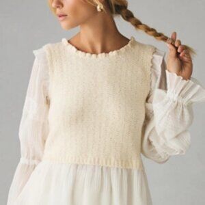 Anthropologie Ruffle Twofer Sweater Blouse Cream Long Lace Sleeve Knit Top Sz XS